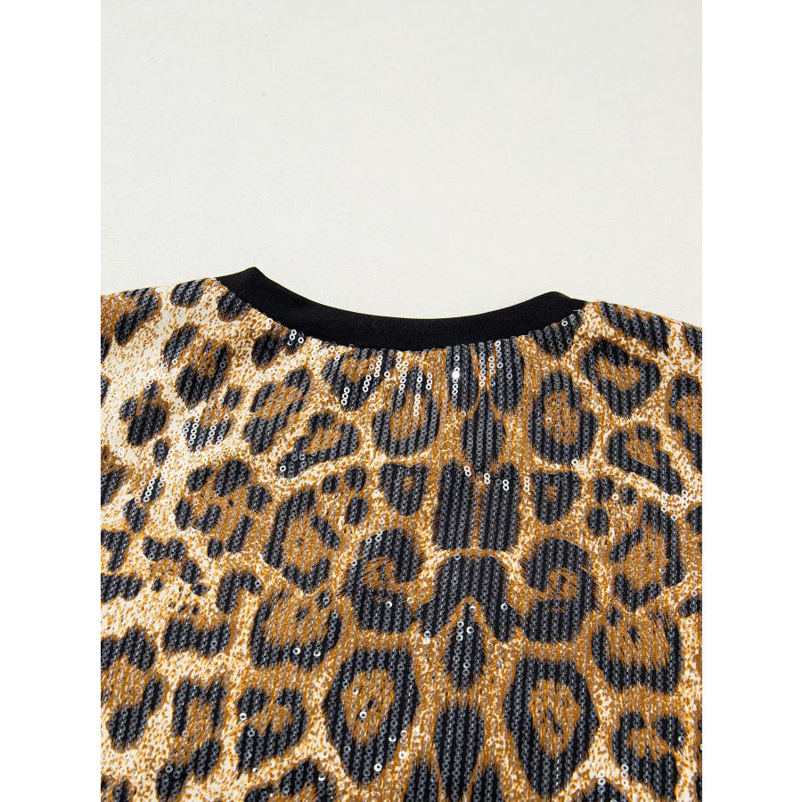 Sequin Leopard Pattern Short Sleeve Top Apparel and Accessories
