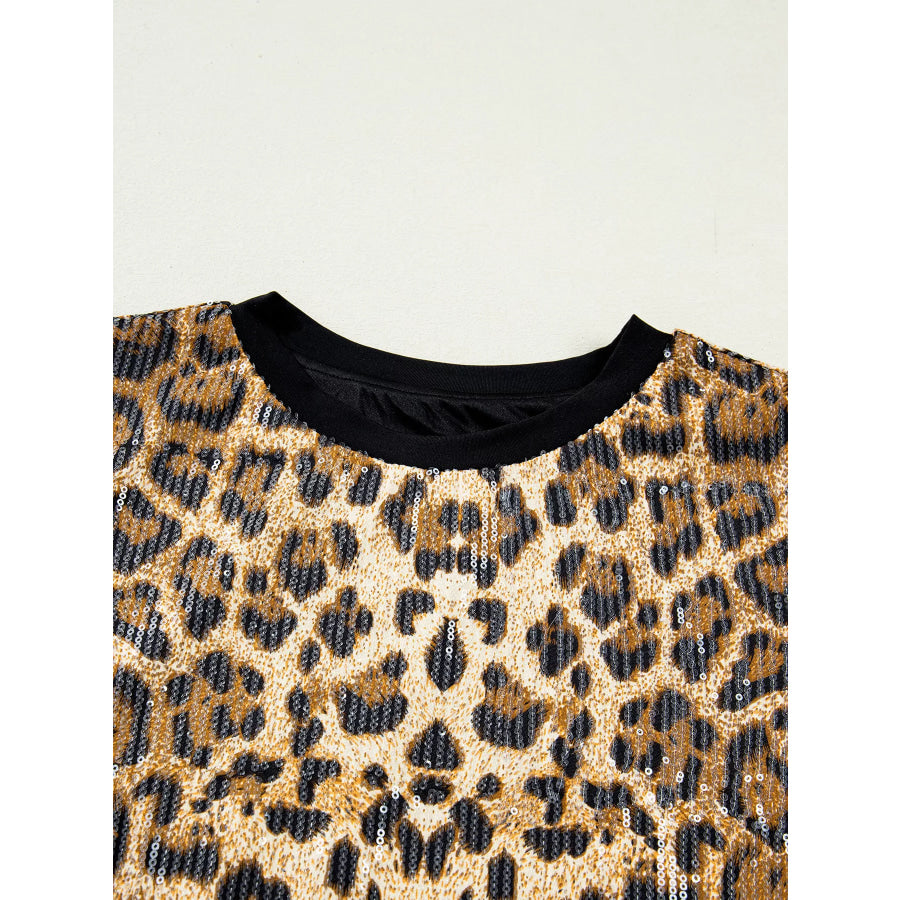Sequin Leopard Pattern Short Sleeve Top Apparel and Accessories