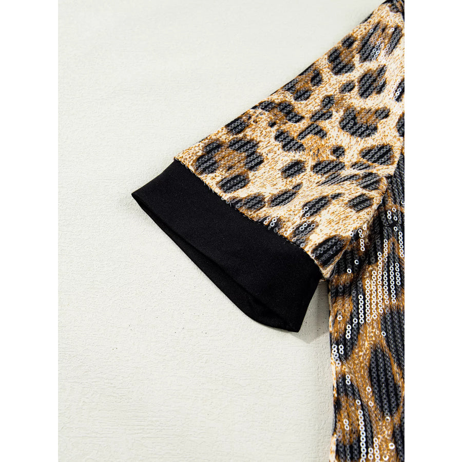 Sequin Leopard Pattern Short Sleeve Top Apparel and Accessories