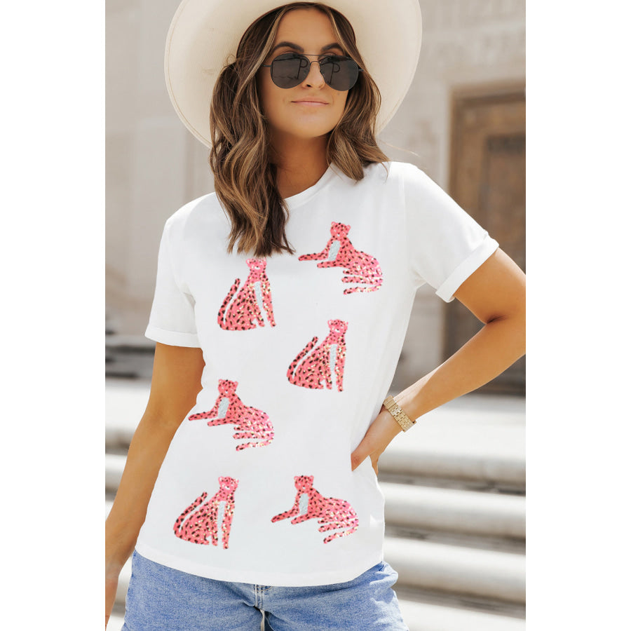 Sequin Leopard Round Neck Short Sleeve T-Shirt White / S Apparel and Accessories