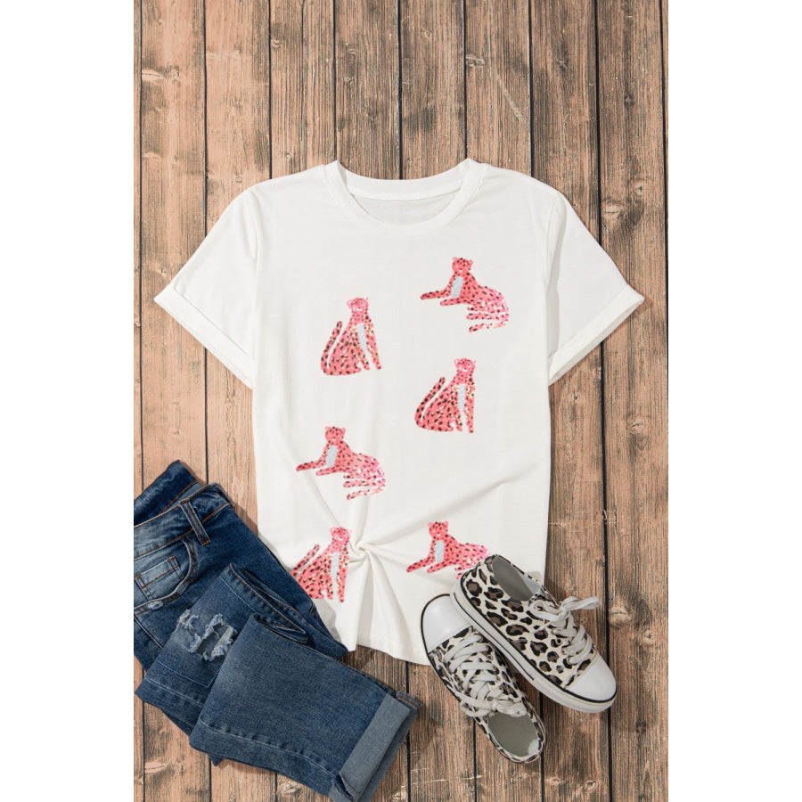 Sequin Leopard Round Neck Short Sleeve T-Shirt Apparel and Accessories