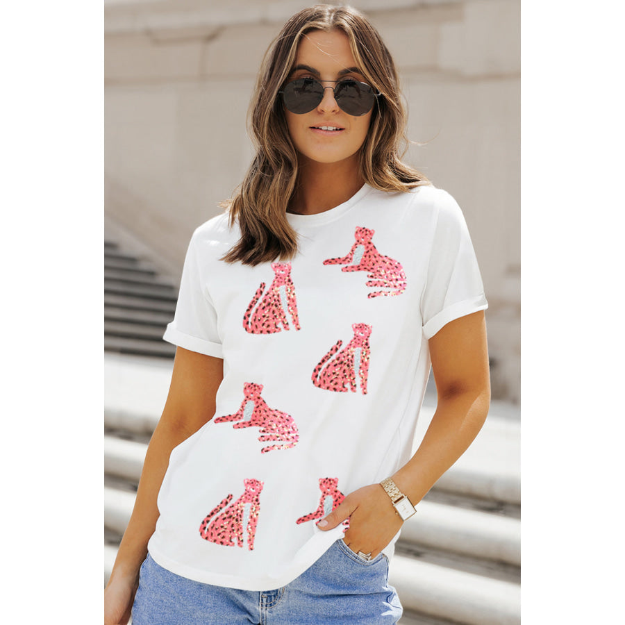 Sequin Leopard Round Neck Short Sleeve T-Shirt White / S Apparel and Accessories