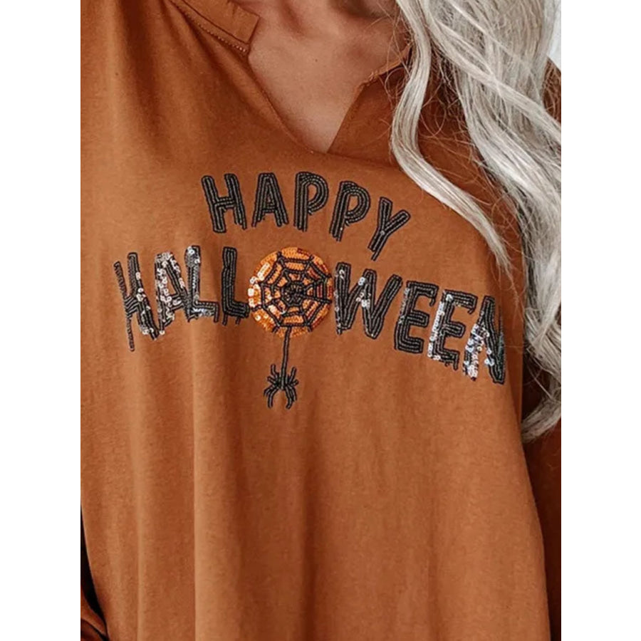 Sequin Letter Graphic Notched Long Sleeve Sweatshirt Apparel and Accessories