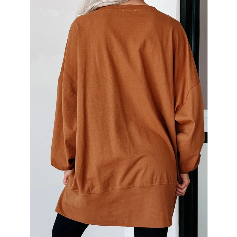 Sequin Letter Graphic Notched Long Sleeve Sweatshirt Caramel / S Apparel and Accessories