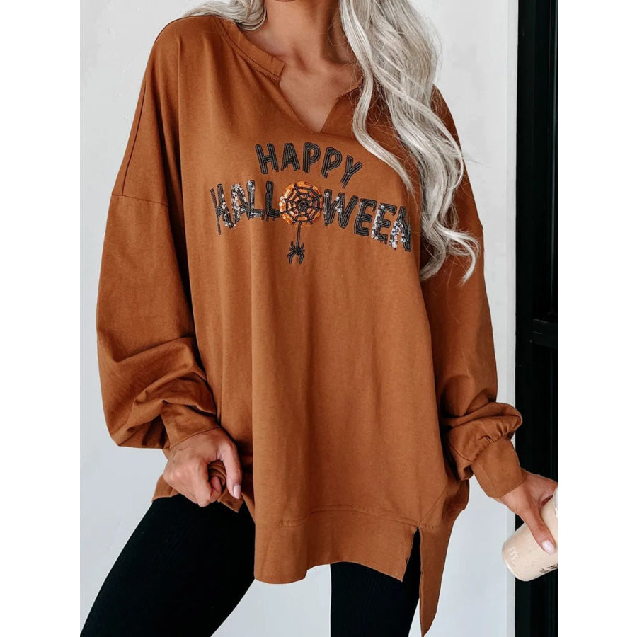 Sequin Letter Graphic Notched Long Sleeve Sweatshirt Caramel / S Apparel and Accessories