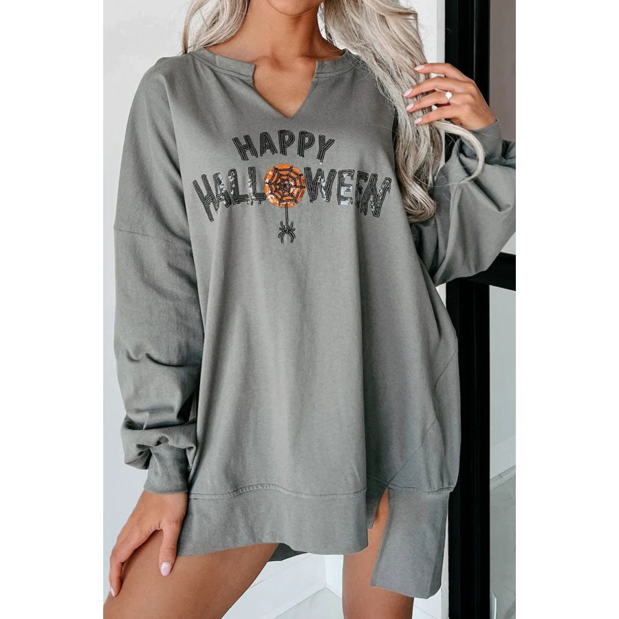 Sequin Letter Graphic Notched Long Sleeve Sweatshirt Gray / M Apparel and Accessories