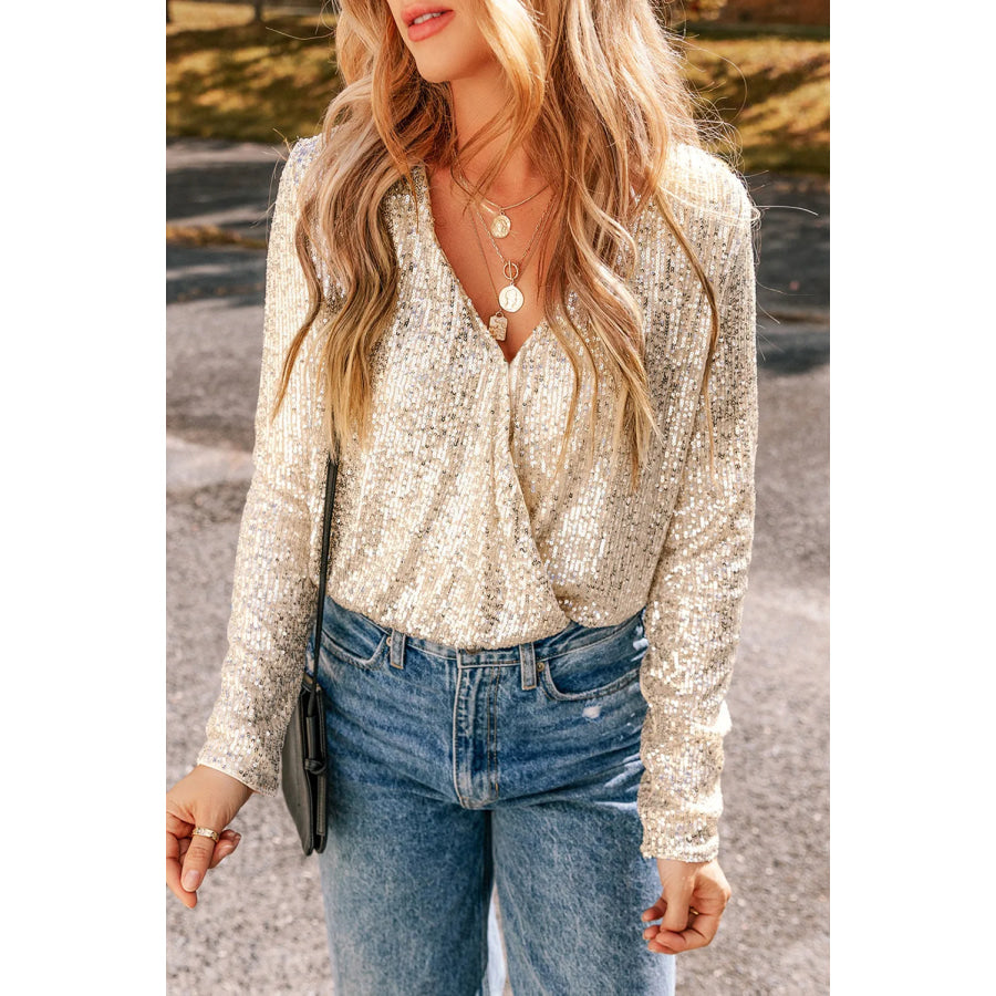 Sequin Long Sleeve Bodysuit Beige / S Apparel and Accessories