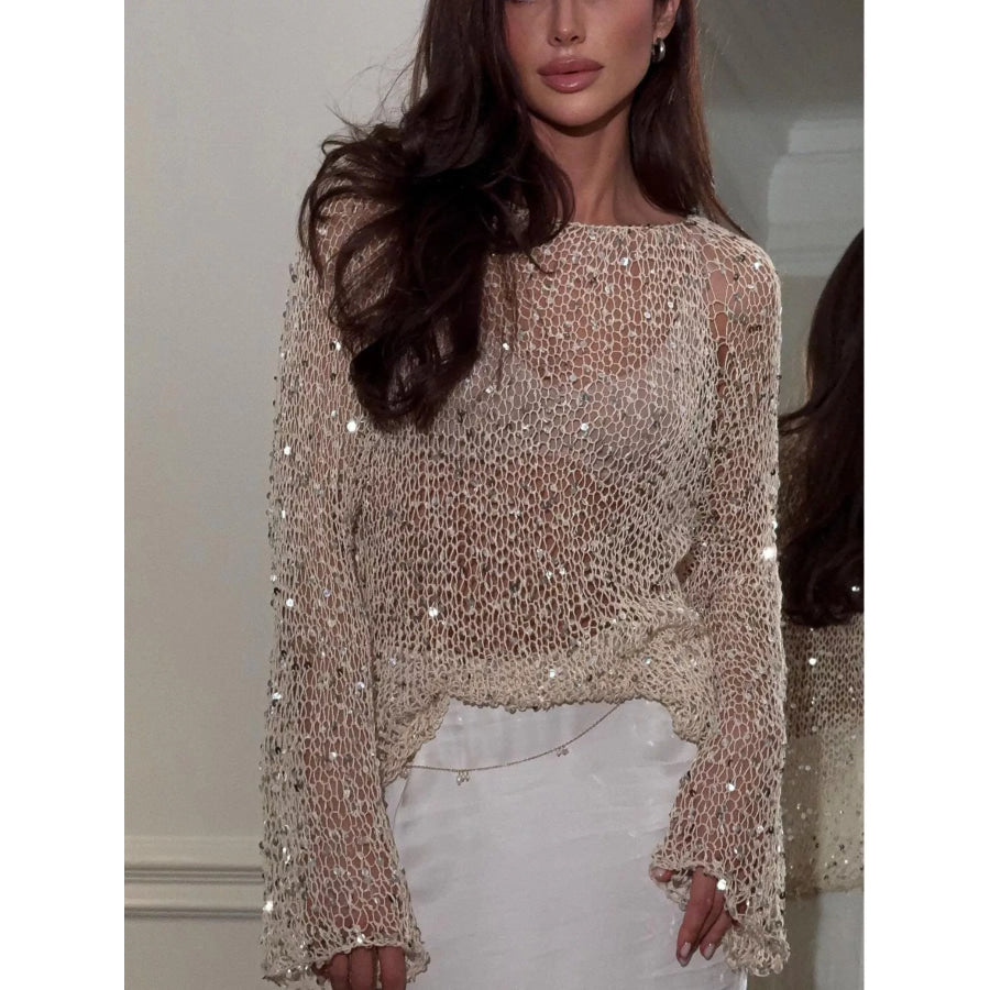 Sequin Long Sleeve Knit Cover Up Beige / S Apparel and Accessories