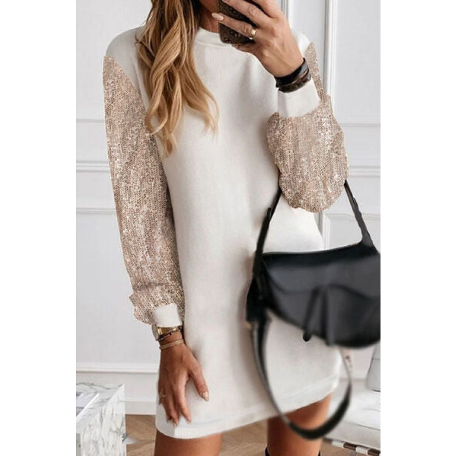 Sequin Long Sleeve Round Neck Mini Dress Clothing