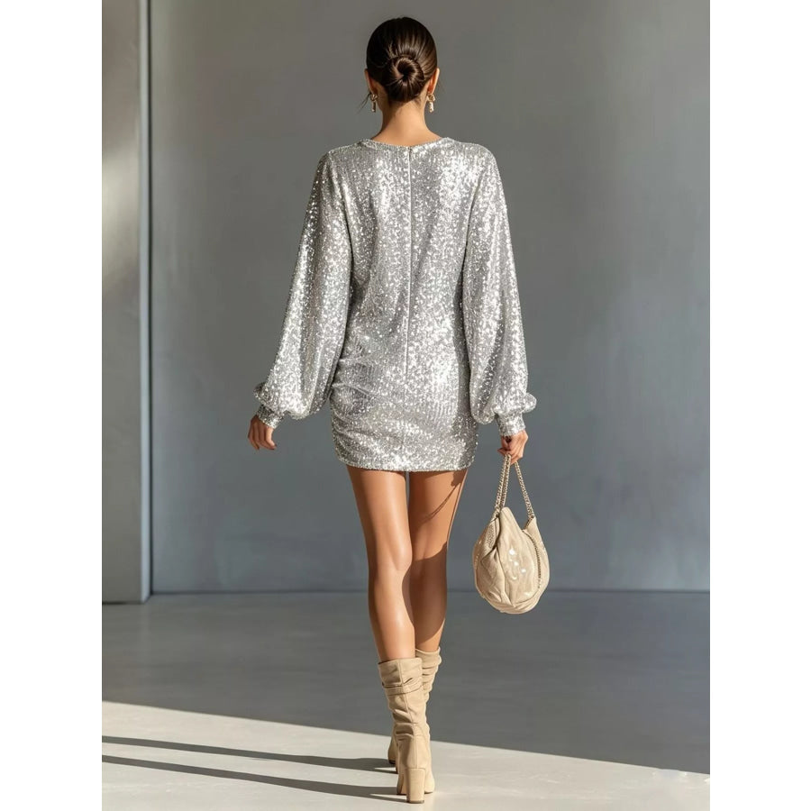 Sequin Long Sleeve Ruched Mini Dress Apparel and Accessories