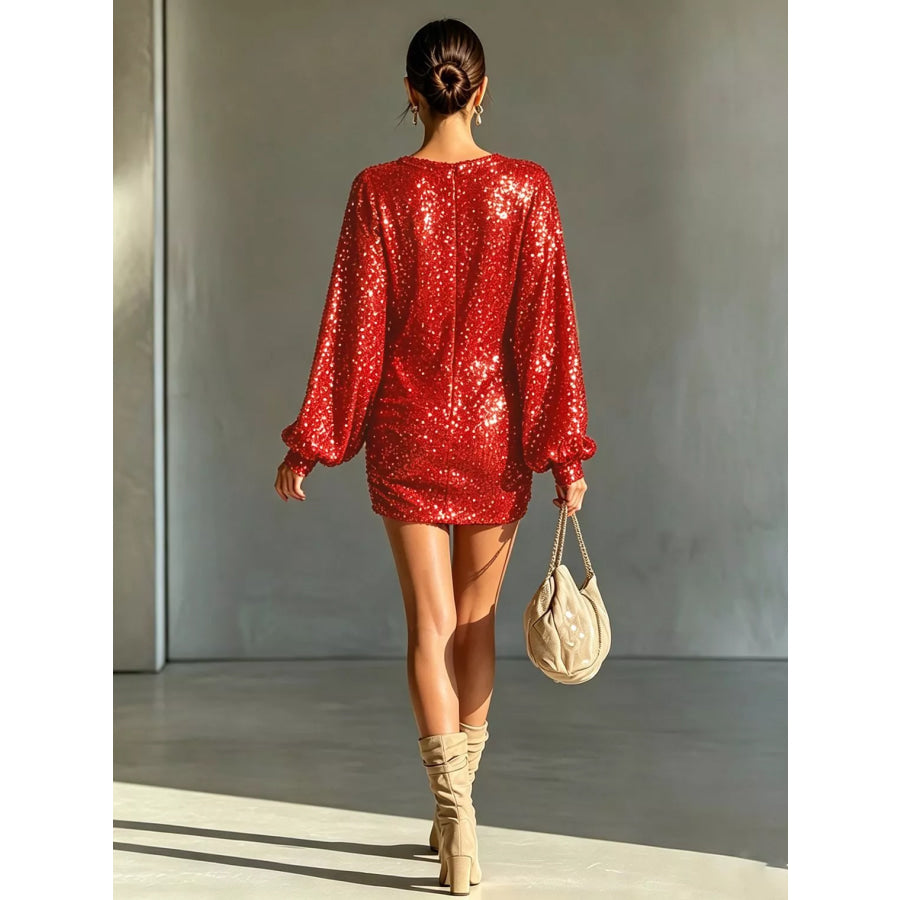 Sequin Long Sleeve Ruched Mini Dress Apparel and Accessories