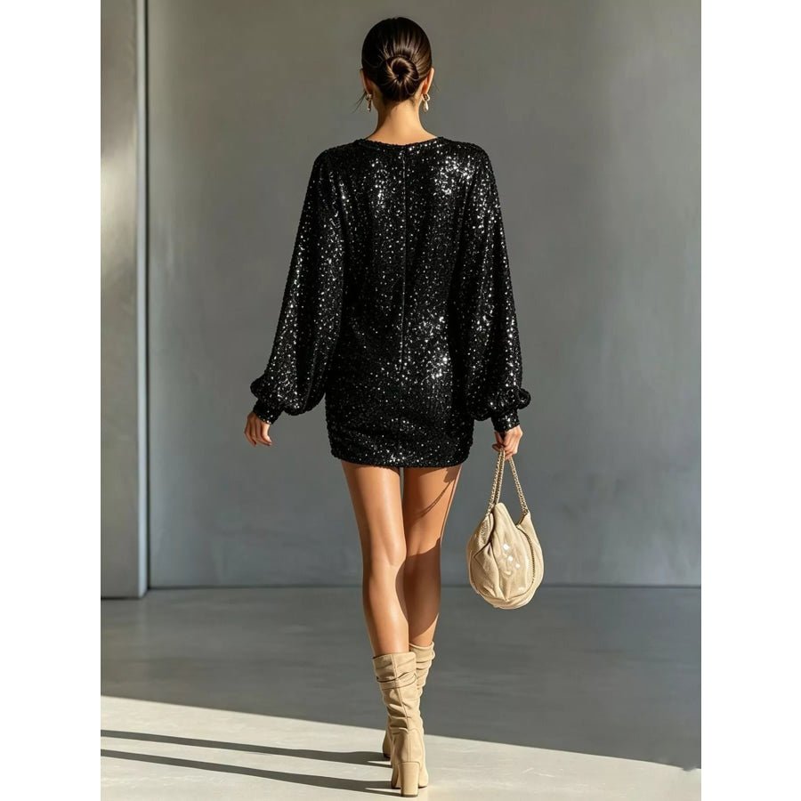 Sequin Long Sleeve Ruched Mini Dress Apparel and Accessories
