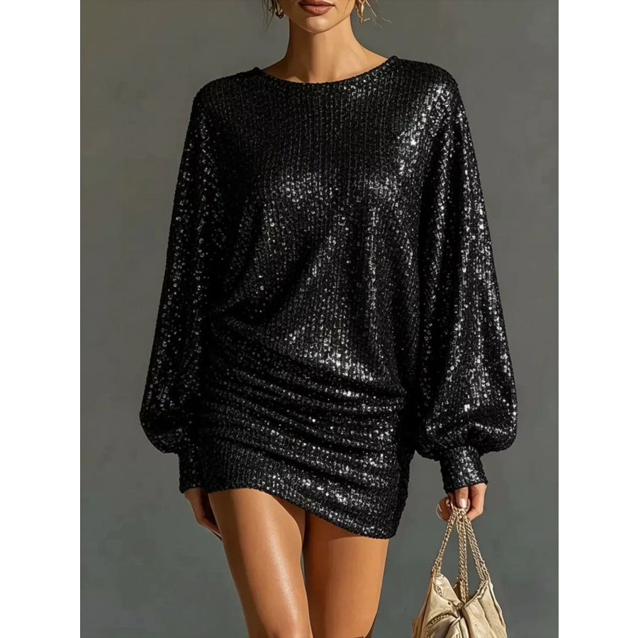 Sequin Long Sleeve Ruched Mini Dress Black / S Apparel and Accessories