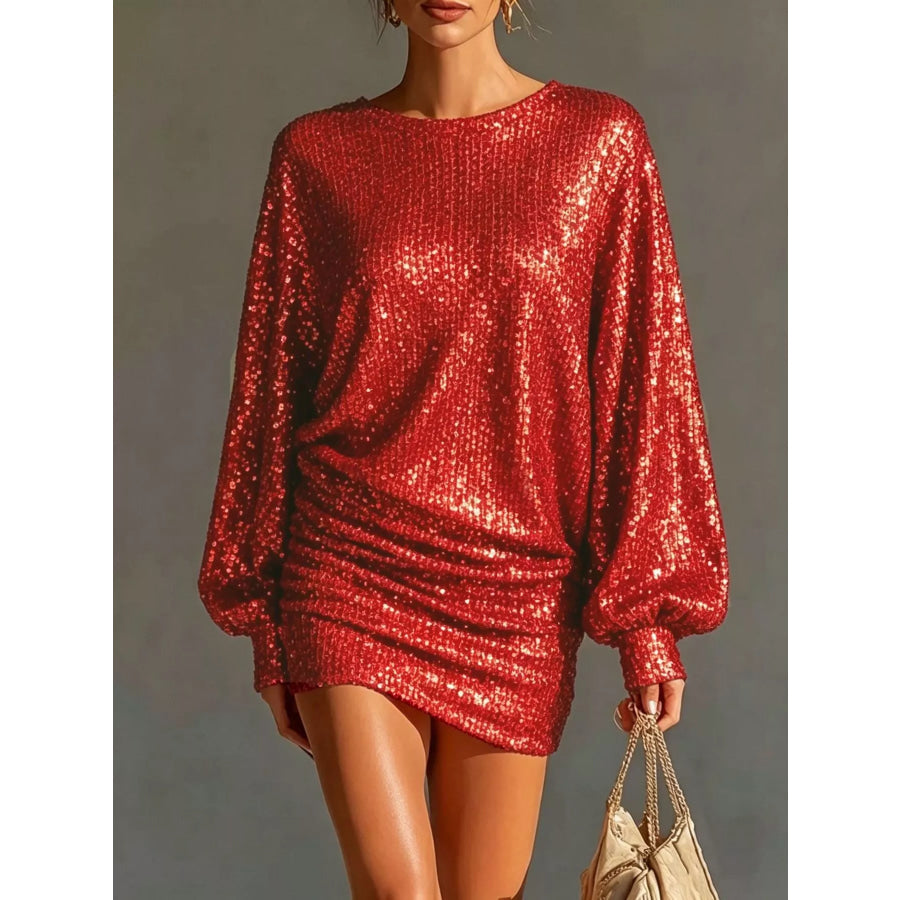 Sequin Long Sleeve Ruched Mini Dress Deep Red / S Apparel and Accessories
