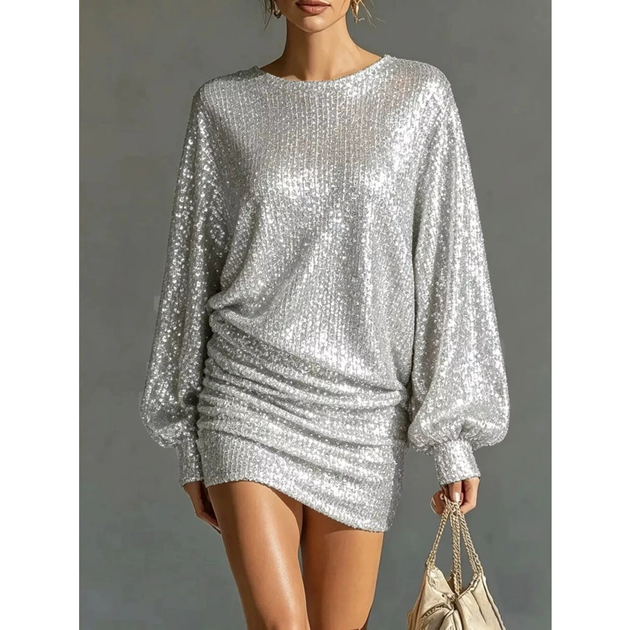 Sequin Long Sleeve Ruched Mini Dress Light Gray / S Apparel and Accessories