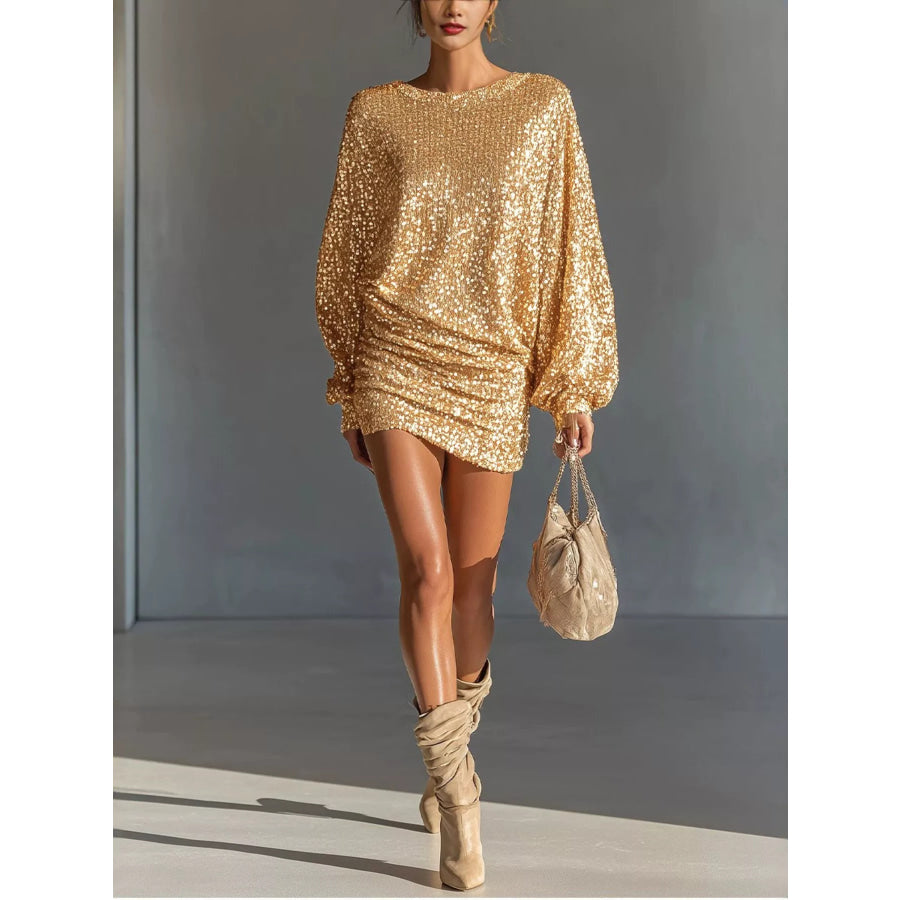 Sequin Long Sleeve Ruched Mini Dress Pastel Yellow / S Apparel and Accessories