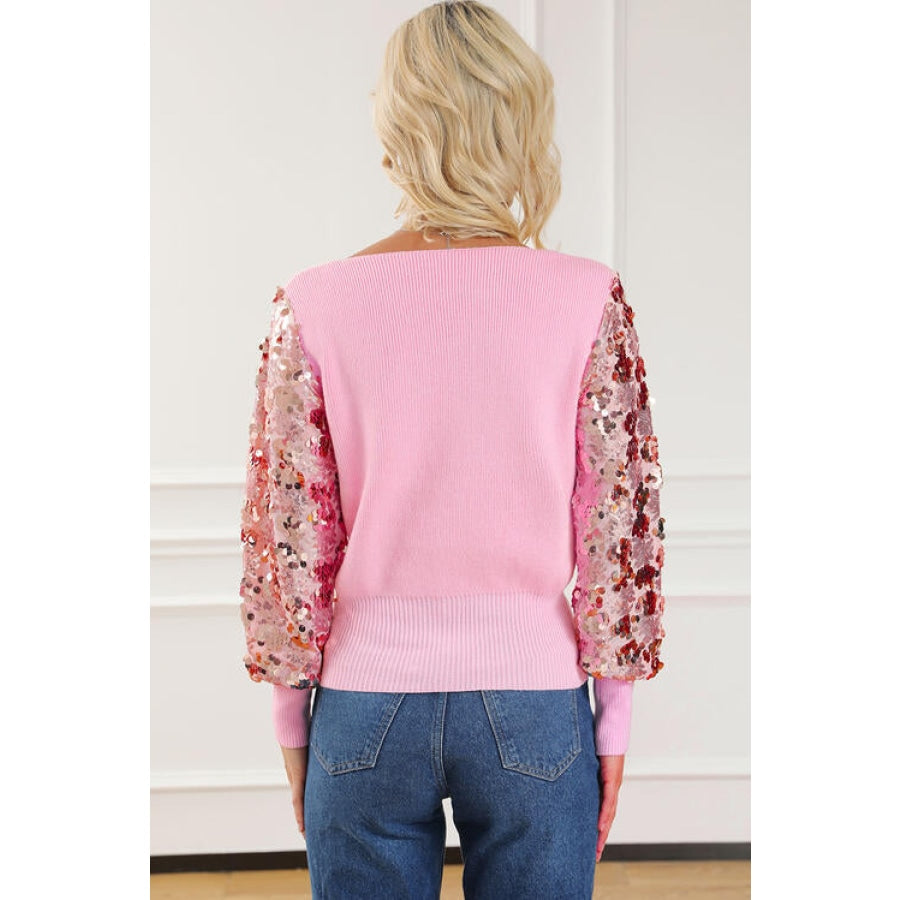 Sequin Long Sleeve V-Neck Sweater Carnation Pink / S Women’s Fashion Clothing