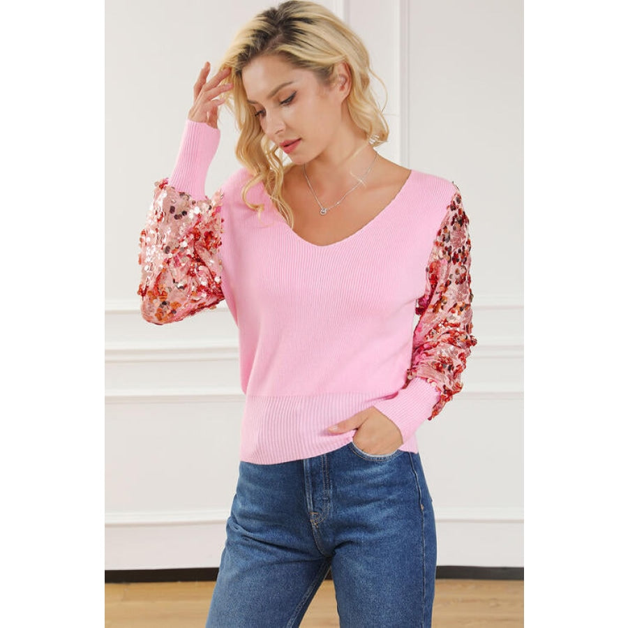 Sequin Long Sleeve V-Neck Sweater Women’s Fashion Clothing