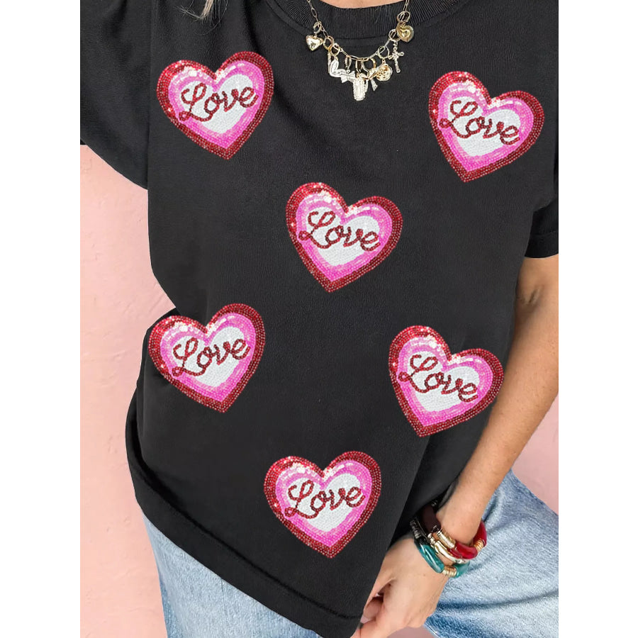 Sequin Love Heart Patched Crew Neck Casual Tee Apparel and Accessories