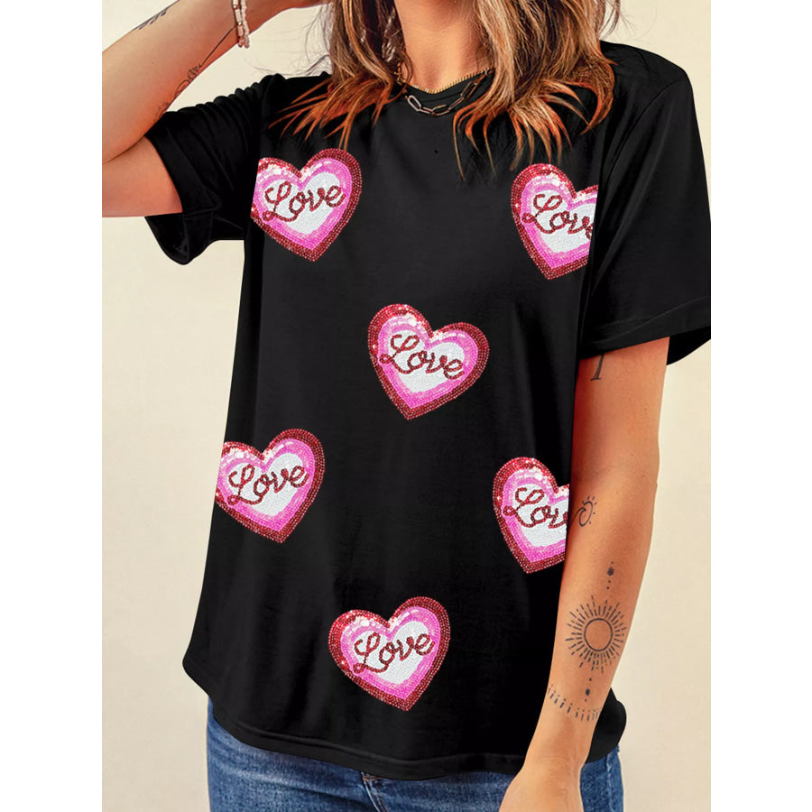 Sequin Love Heart Patched Crew Neck Casual Tee Black / S Apparel and Accessories