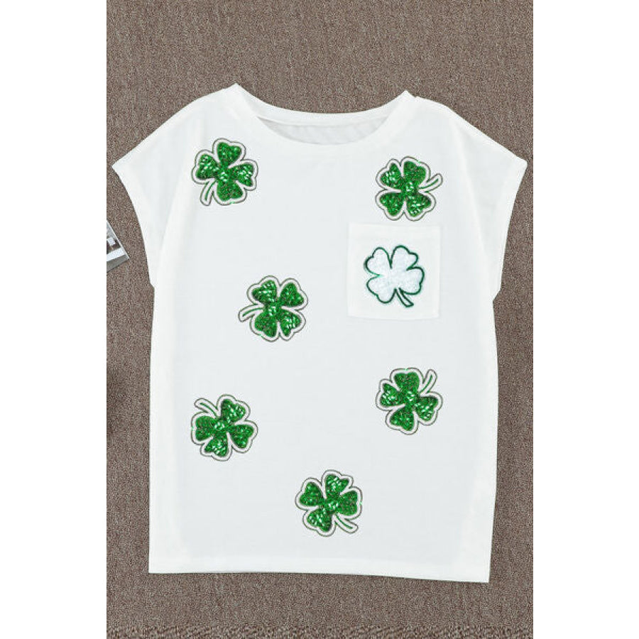 Sequin Lucky Clover Boat Neck T - Shirt Apparel and Accessories