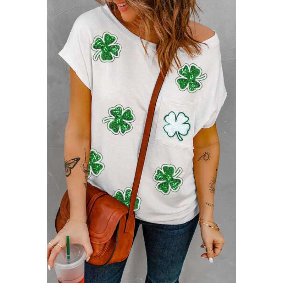 Sequin Lucky Clover Boat Neck T - Shirt White / M Apparel and Accessories