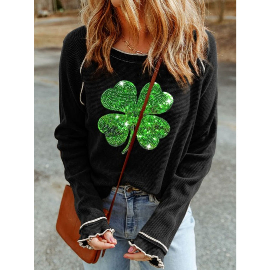 Sequin Lucky Clover Lettuce Trim Long Sleeve Top Black / S Apparel and Accessories