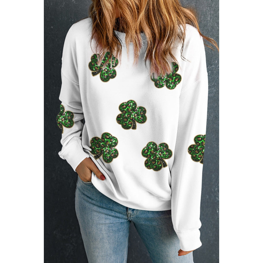 Sequin Lucky Clover Long Sleeve Sweatshirt White / S Apparel and Accessories