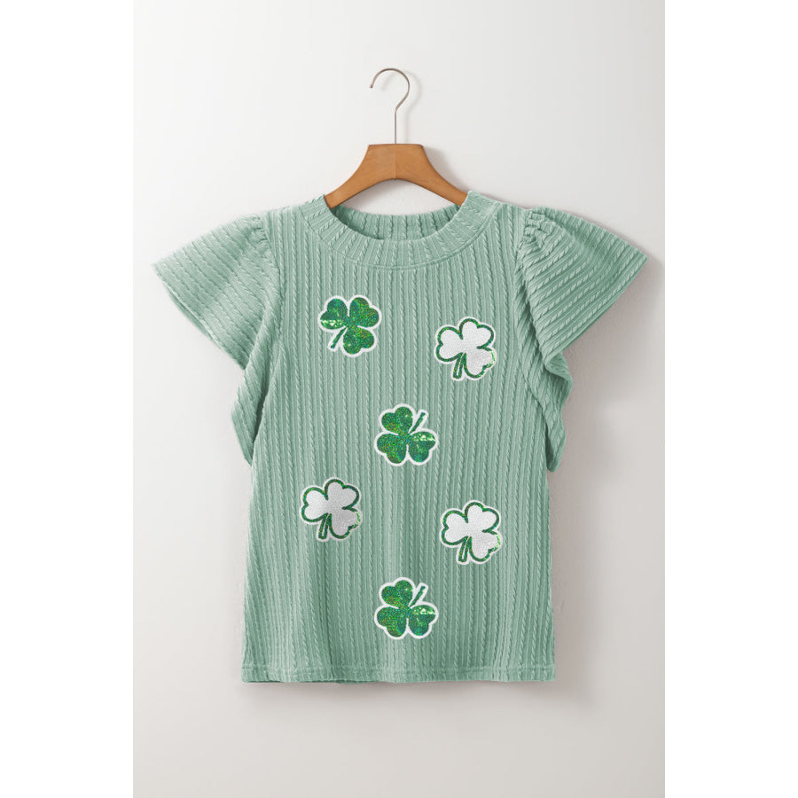 Sequin Lucky Clover Round Neck Cap Sleeve Blouse Sage / S Apparel and Accessories