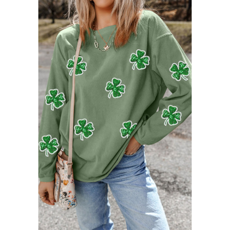 Sequin Lucky Clover Round Neck Long Sleeve Sweatshirt Apparel and Accessories