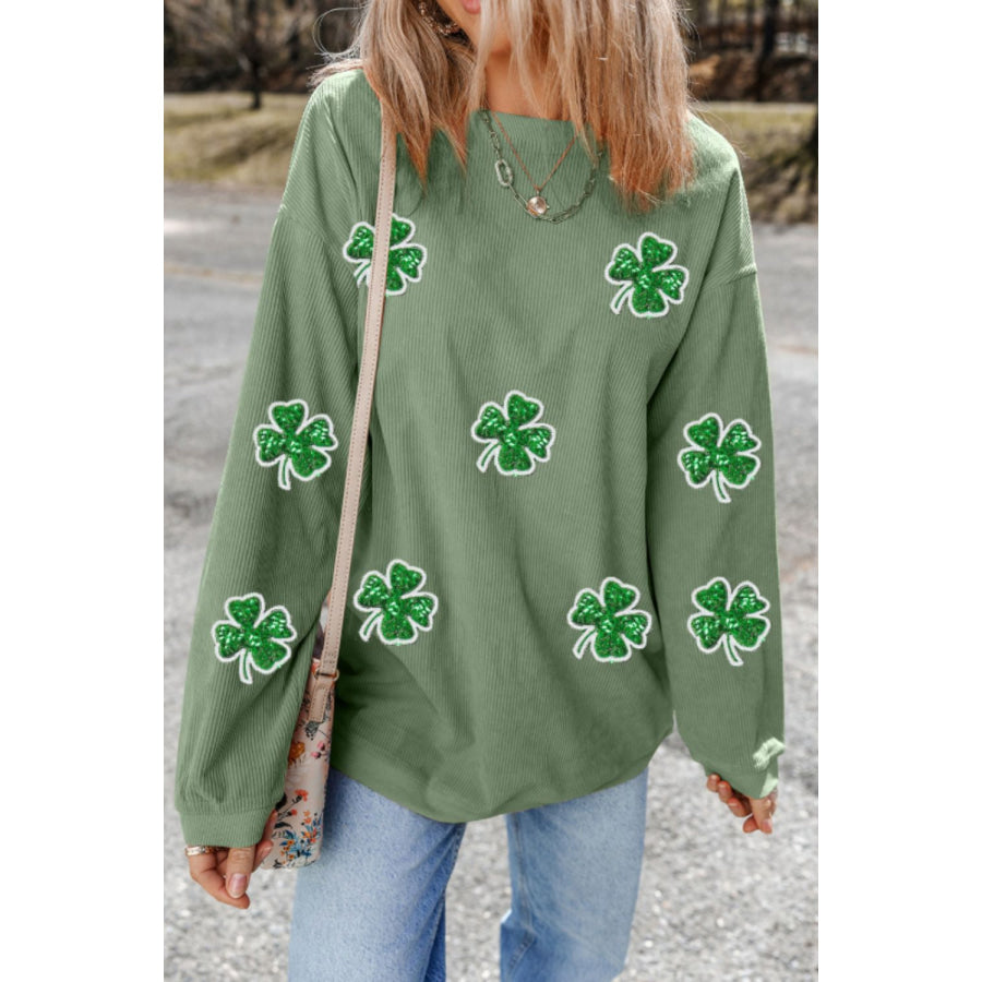 Sequin Lucky Clover Round Neck Long Sleeve Sweatshirt Apparel and Accessories