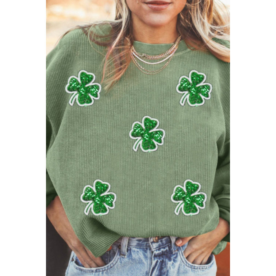 Sequin Lucky Clover Round Neck Long Sleeve Sweatshirt Matcha Green / S Apparel and Accessories