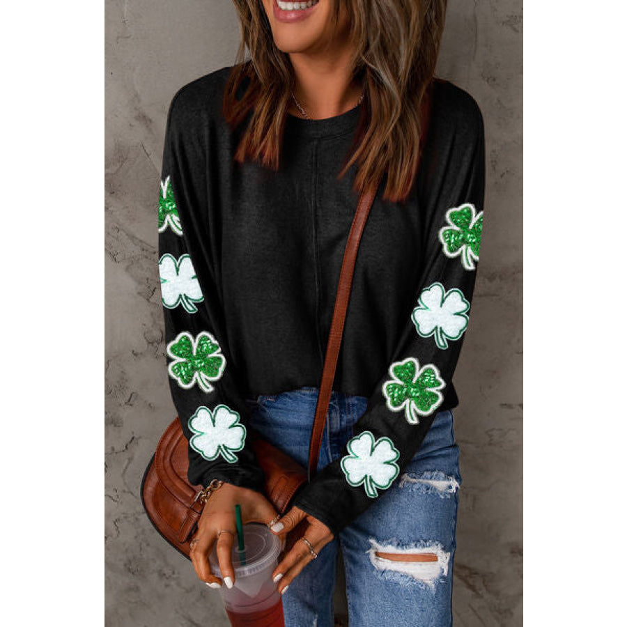 Sequin Lucky Clover Round Neck Sweatshirt Black / S Apparel and Accessories