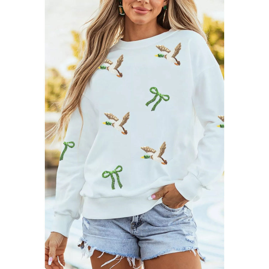 Sequin Mallard Bow Crewneck Pullover Sweatshirt Apparel and Accessories
