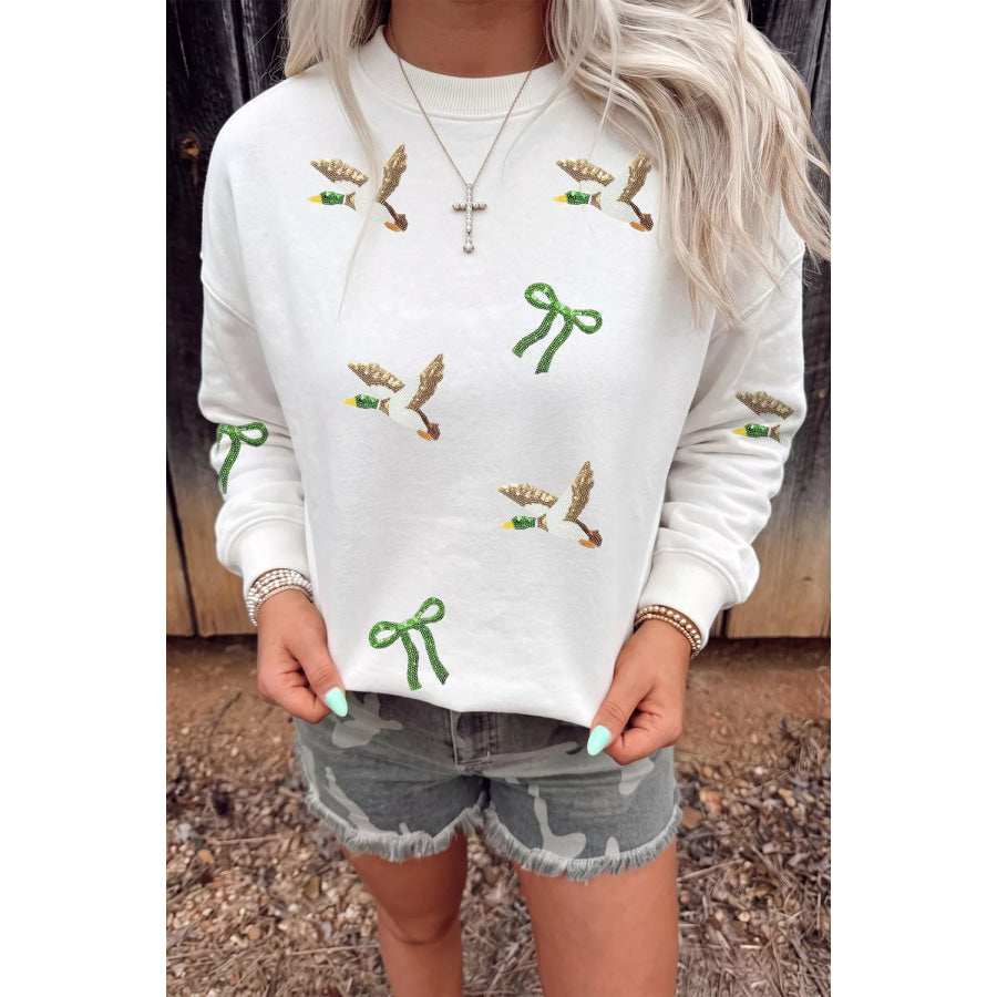 Sequin Mallard Bow Crewneck Pullover Sweatshirt Apparel and Accessories