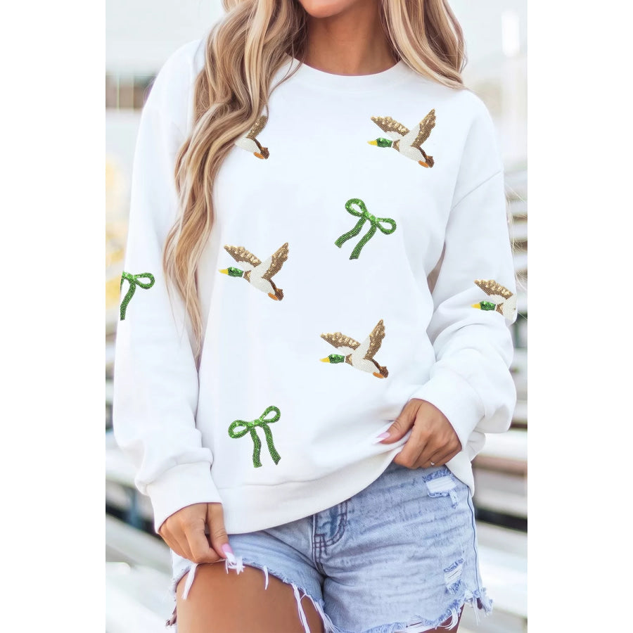 Sequin Mallard Bow Crewneck Pullover Sweatshirt Apparel and Accessories