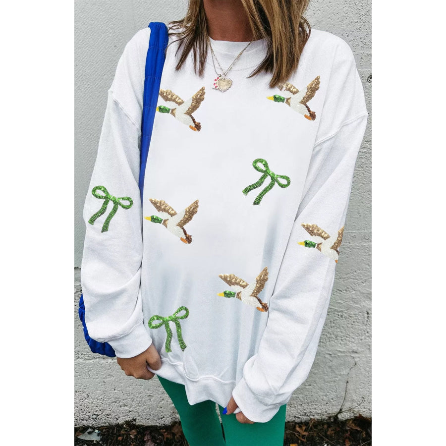 Sequin Mallard Bow Crewneck Pullover Sweatshirt Apparel and Accessories