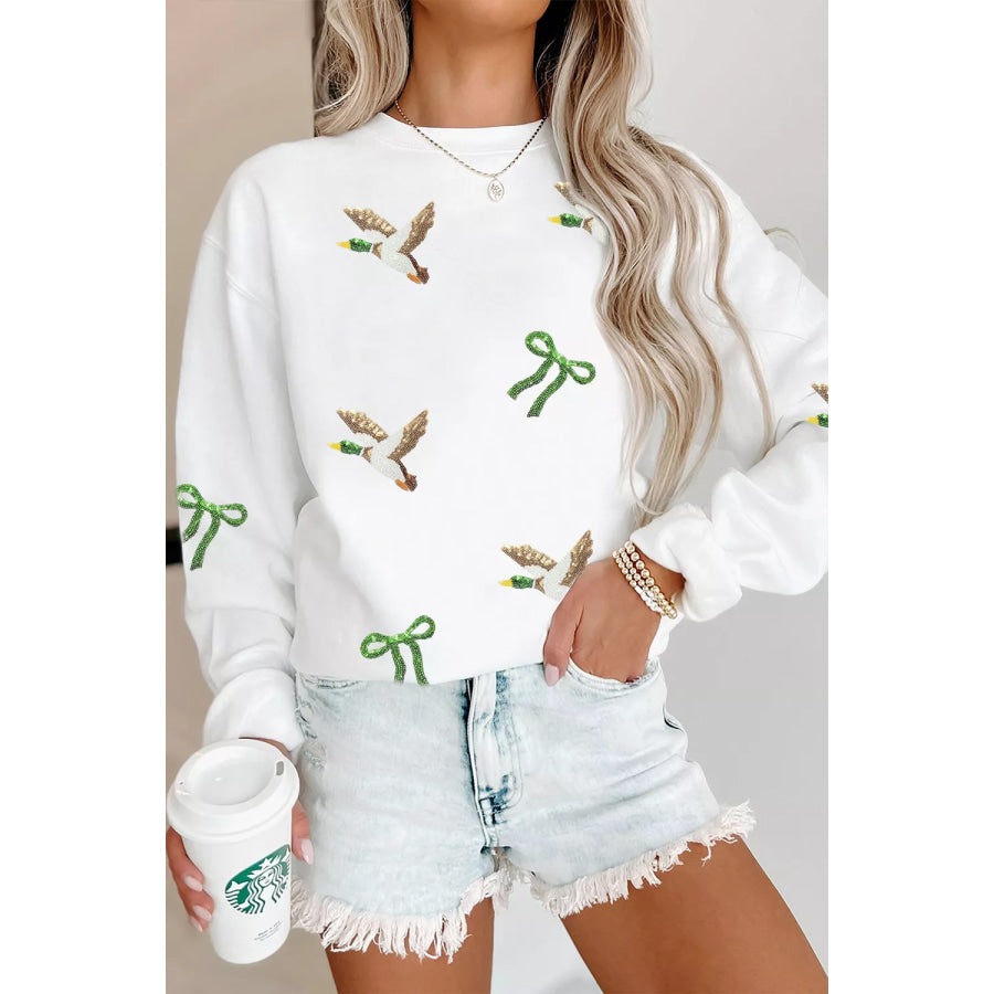 Sequin Mallard Bow Crewneck Pullover Sweatshirt Apparel and Accessories