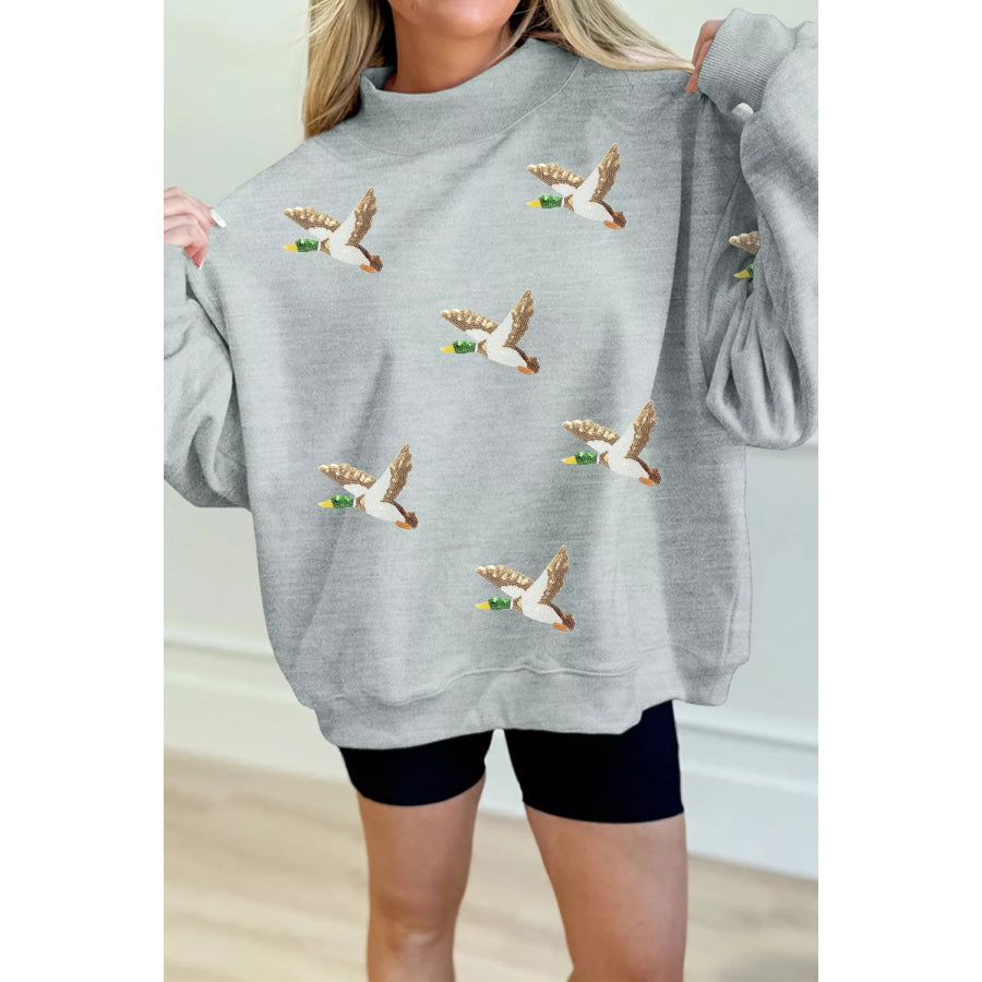 Sequin Mallard Graphic Mock Neck Baggy Pullover Sweatshirt Gray / S Apparel and Accessories