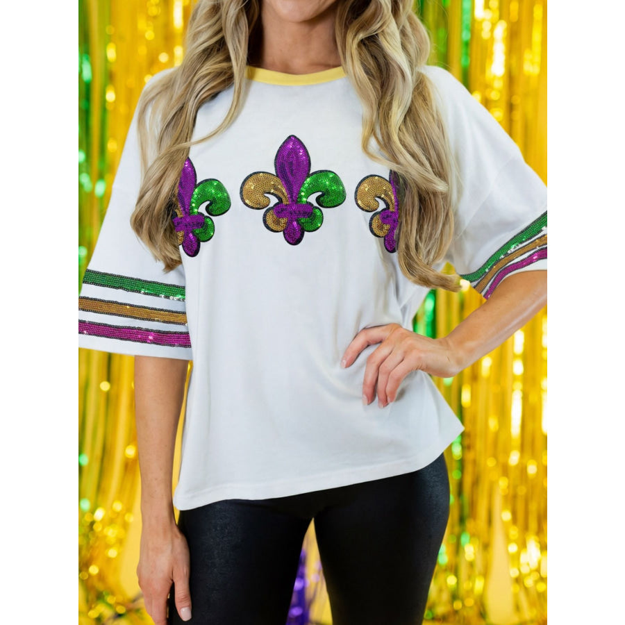 Sequin Mardi Gras Half Sleeve T Shirt White / S Apparel and Accessories