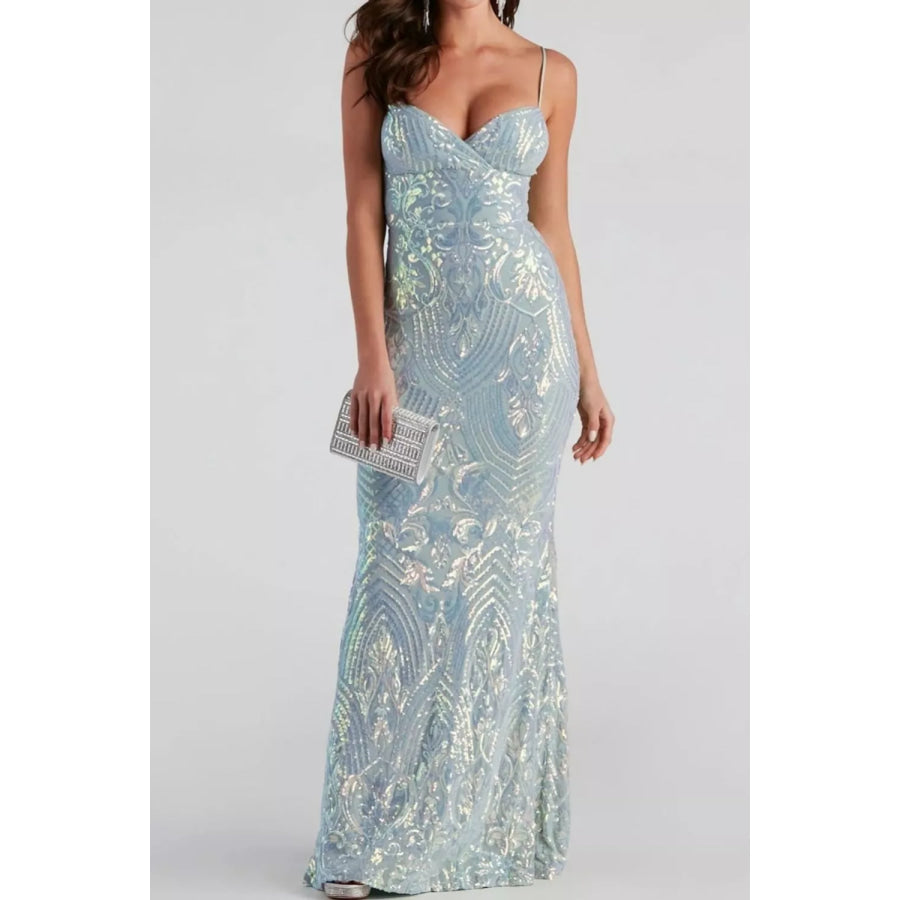 Sequin Mermaid Evening Maxi Cami Dress Sky Blue / S Apparel and Accessories