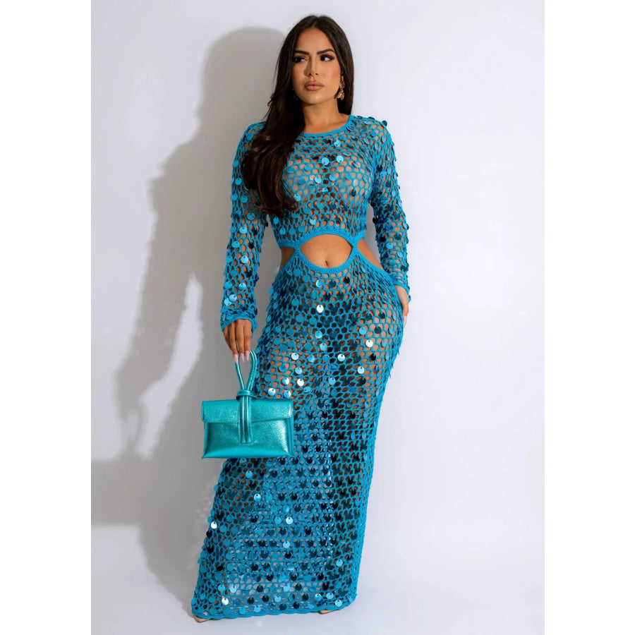 Sequin Mesh Cutout Maxi Dress Blue / S Apparel and Accessories