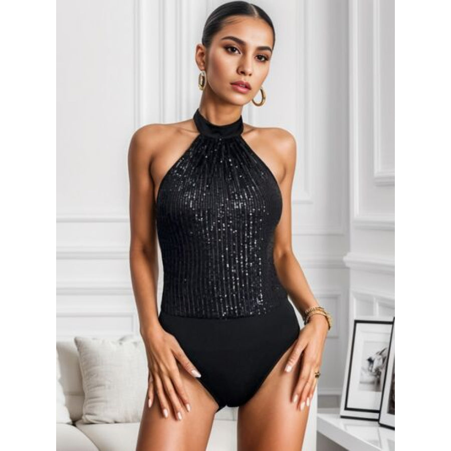 Sequin Mock Neck Sleeveless Bodysuit Apparel and Accessories