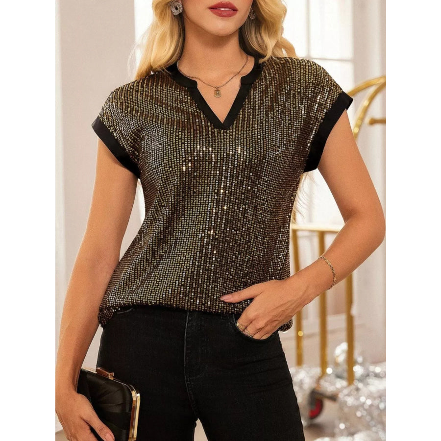 Sequin Notched Cap Sleeve Blouse Apparel and Accessories