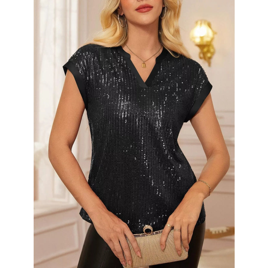 Sequin Notched Cap Sleeve Blouse Apparel and Accessories