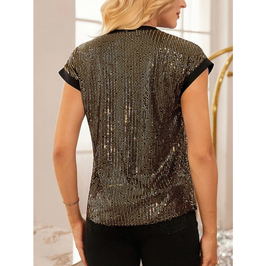 Sequin Notched Cap Sleeve Blouse Apparel and Accessories