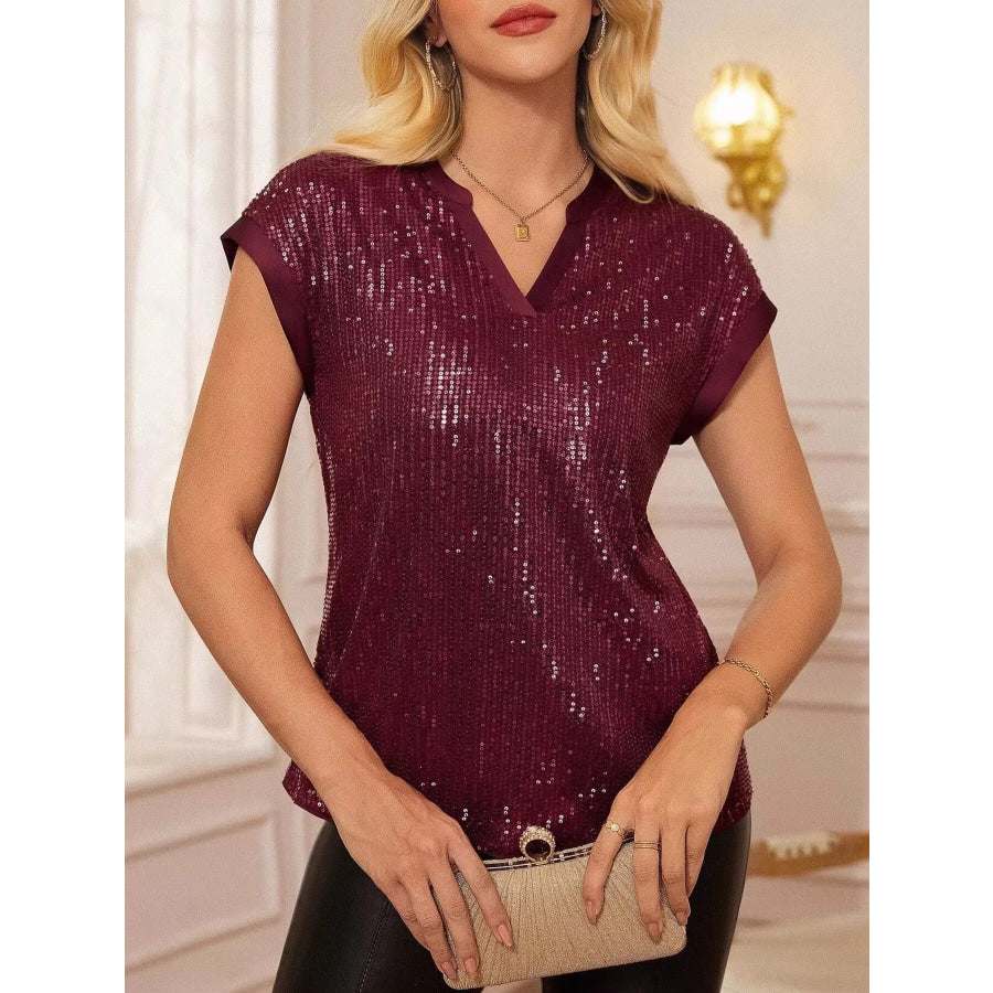 Sequin Notched Cap Sleeve Blouse Apparel and Accessories