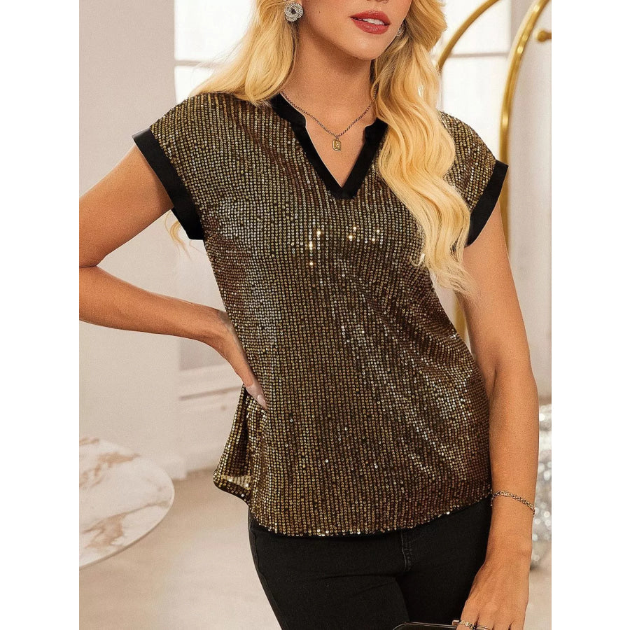 Sequin Notched Cap Sleeve Blouse Apparel and Accessories