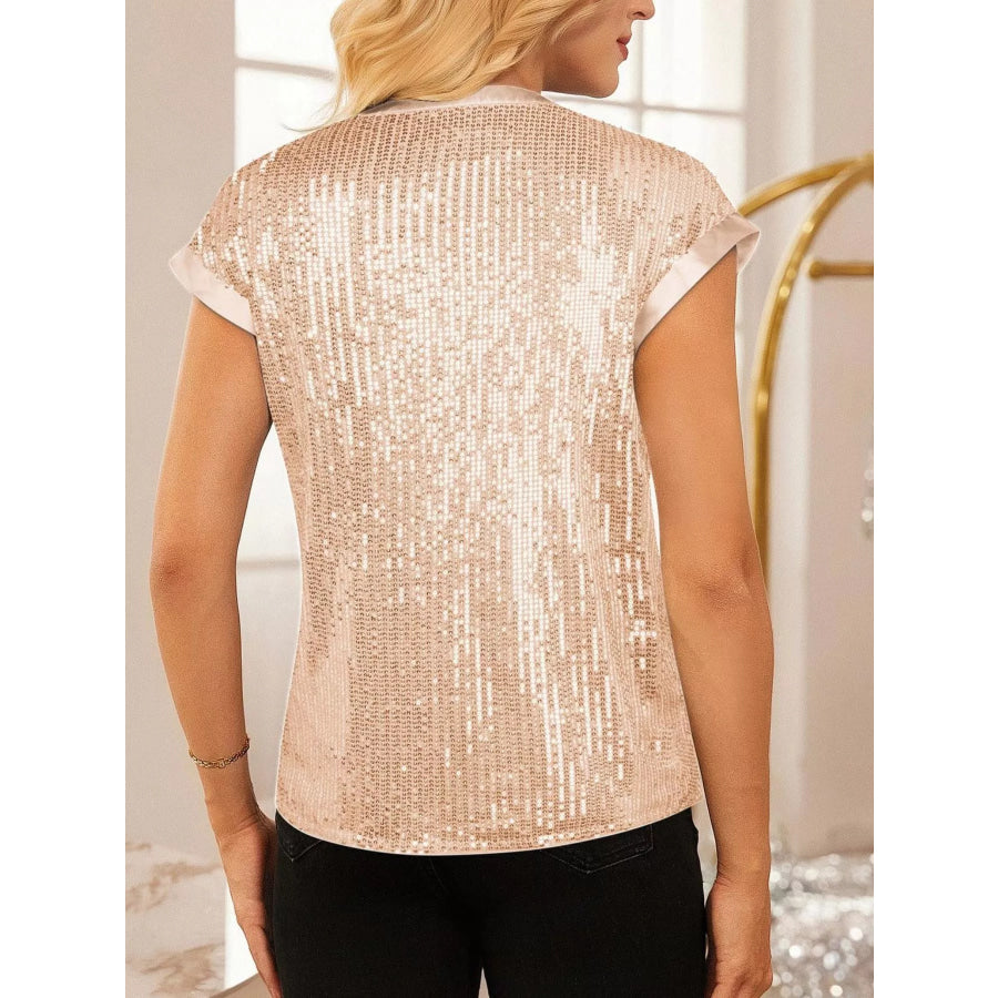 Sequin Notched Cap Sleeve Blouse Apparel and Accessories