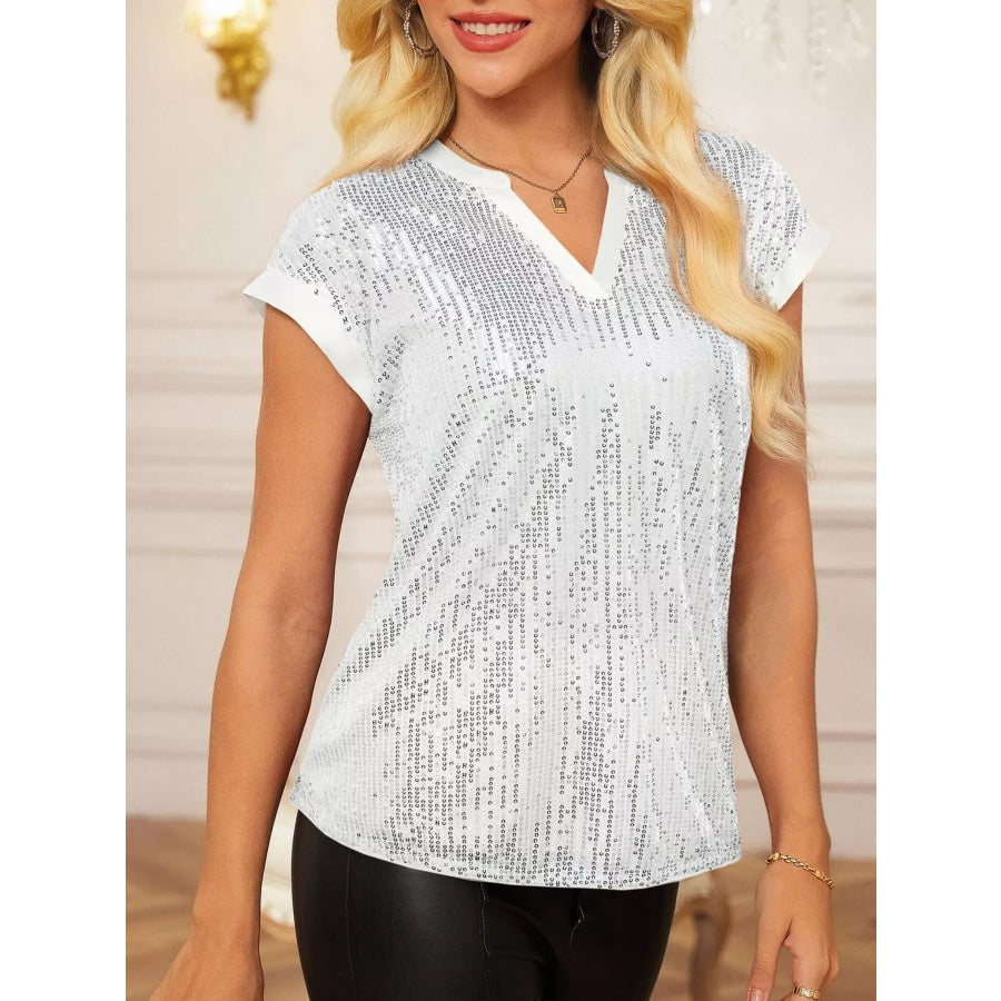 Sequin Notched Cap Sleeve Blouse Apparel and Accessories